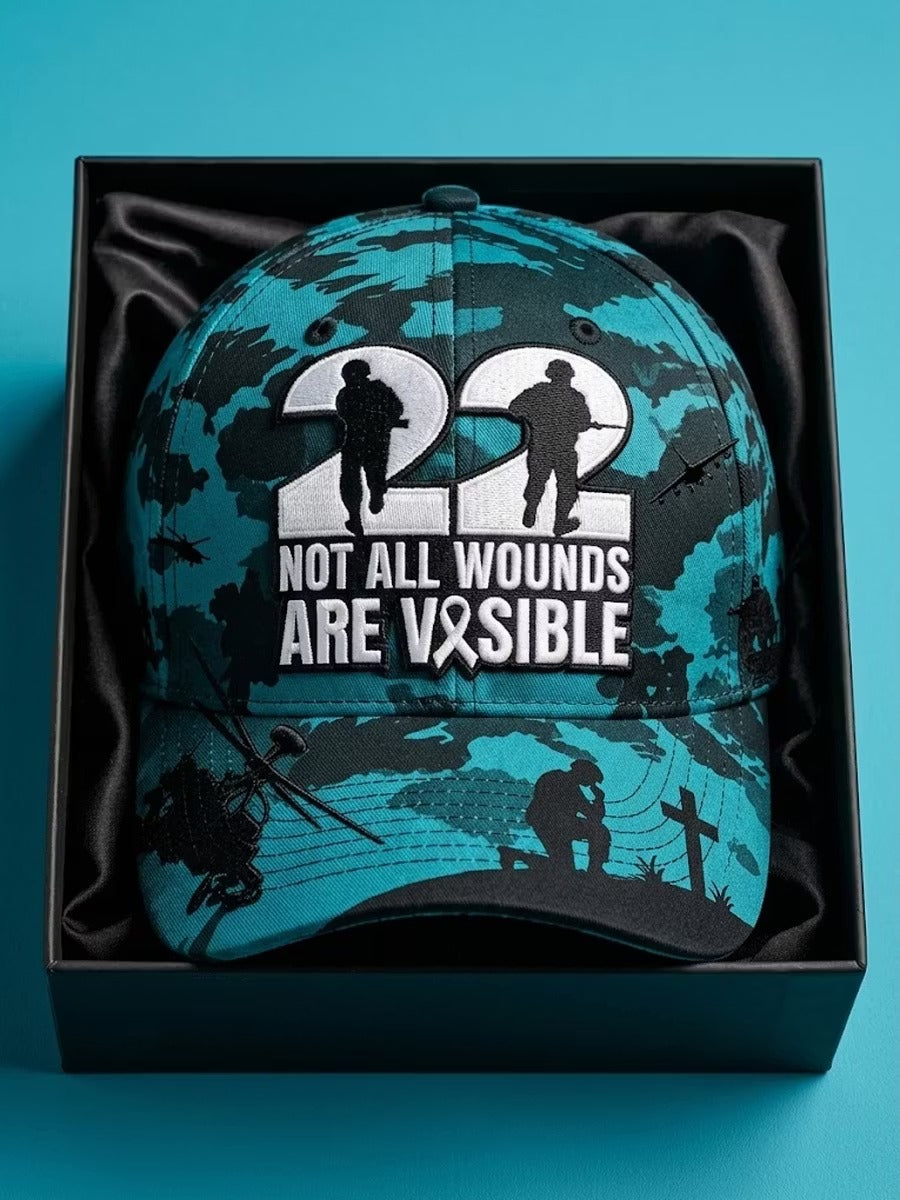 22 A Day Veteran Suicide Prevention Awareness baseball cap in teal ribbon camo with saluting soldier silhouette