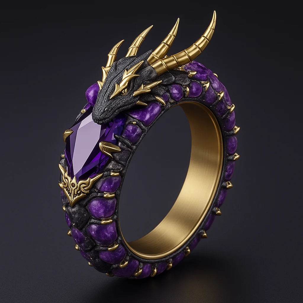 Purple Dragon Gold Ring with amethyst crystal centerpiece and coiled dragon band