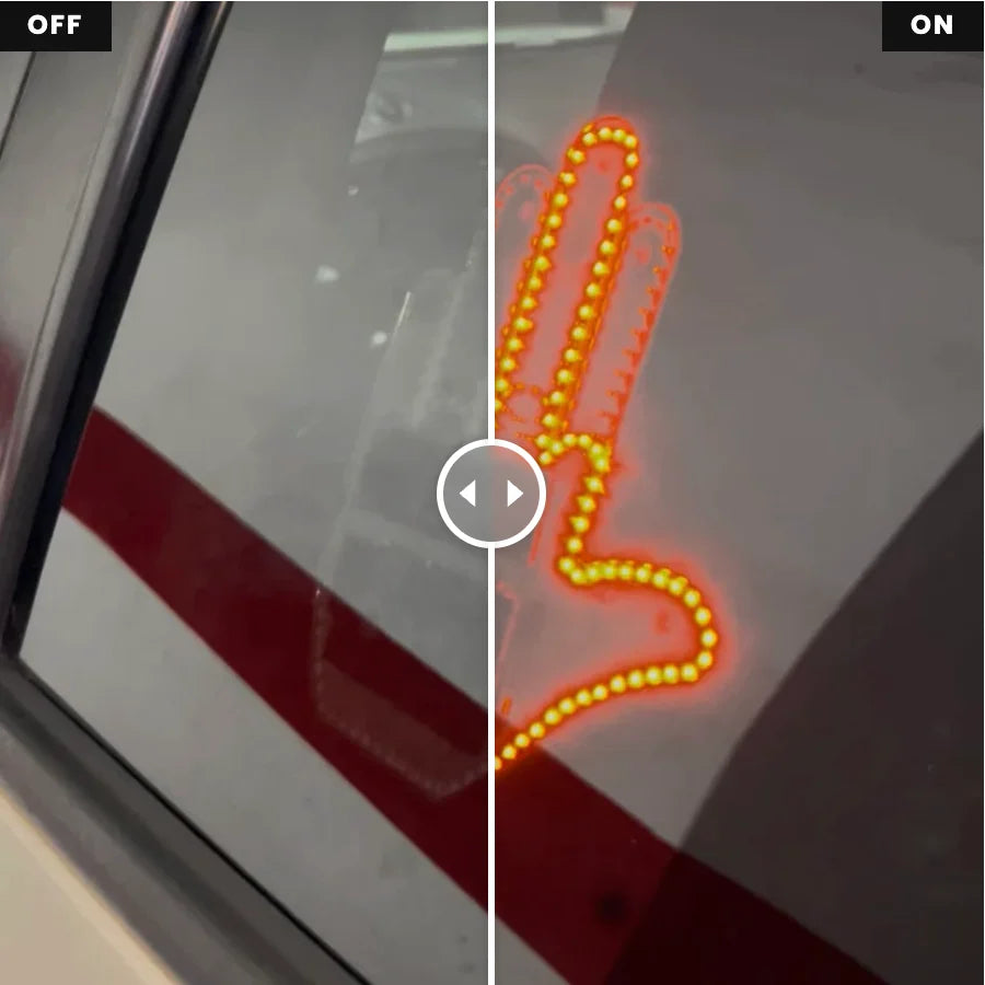 GestuGlow LED gesture light OFF vs ON comparison on car window