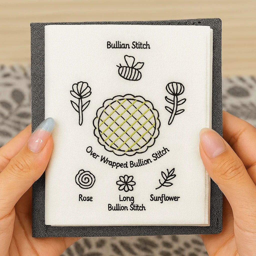 Embroidery stitch book page with labeled bullion stitch and floral patterns