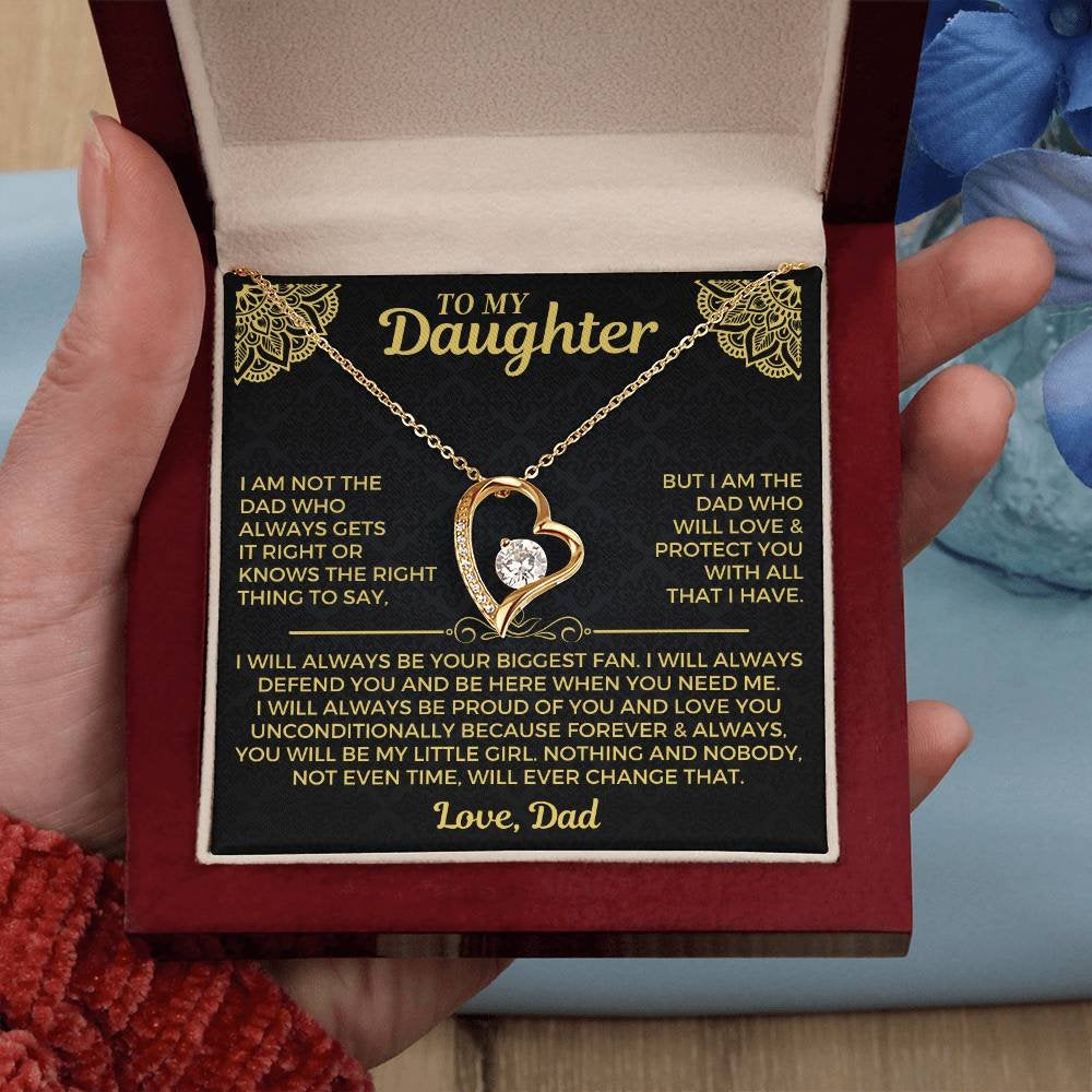 Yellow gold finish daughter heart necklace and Dad message in mahogany style luxury box