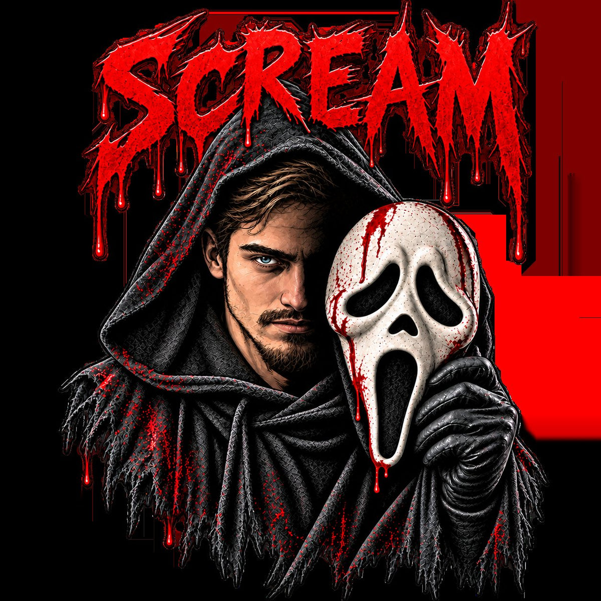 Personalized Halloween photo artwork with a hooded portrait and horror mask