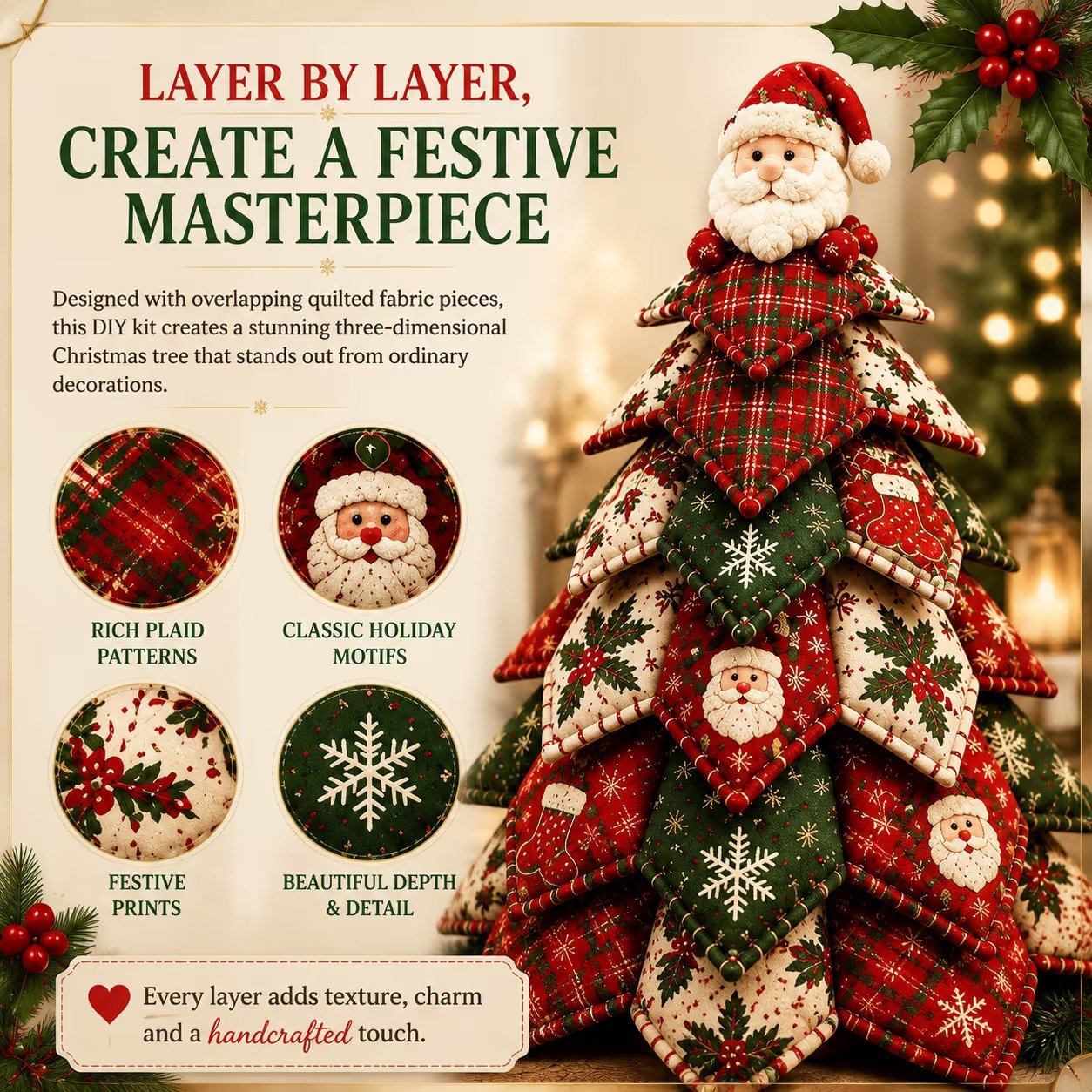 Close-up of DIY quilted Christmas tree patchwork fabric craftsmanship