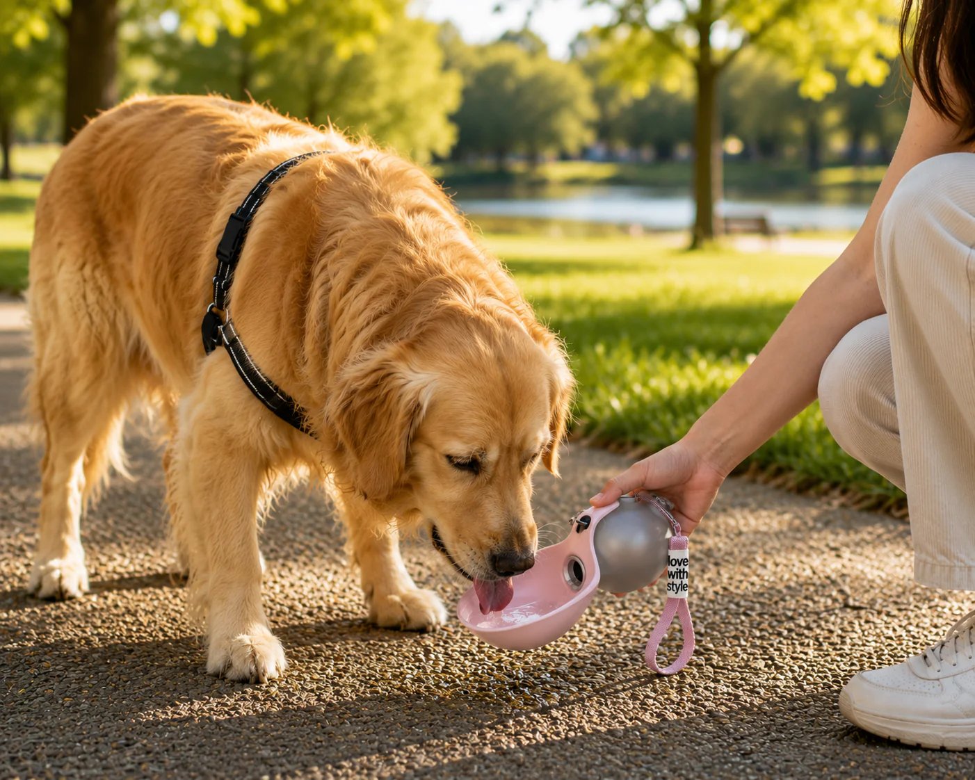Owner giving a golden retriever water from the portable dog bottle in the park