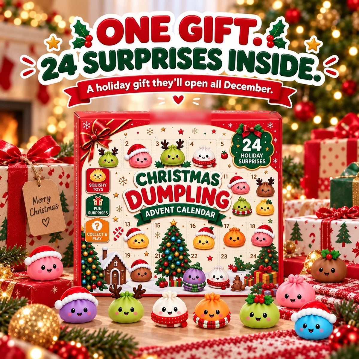 Ready-to-gift Christmas dumpling advent calendar with squishies in front