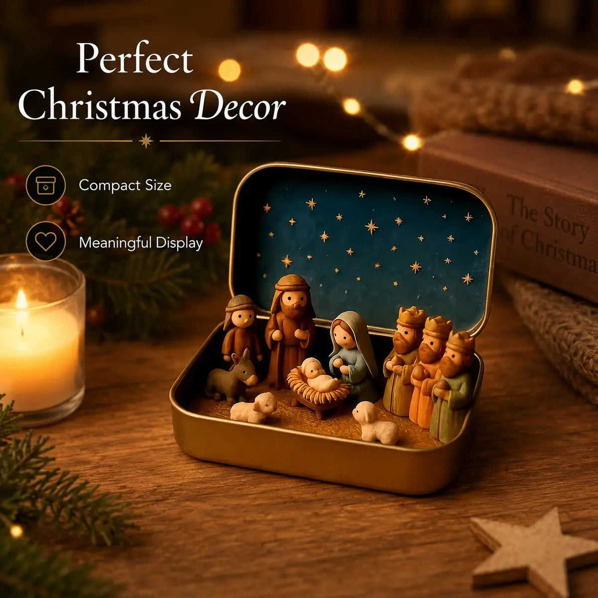 Mini nativity scene keepsake tin in a Christmas tabletop arrangement