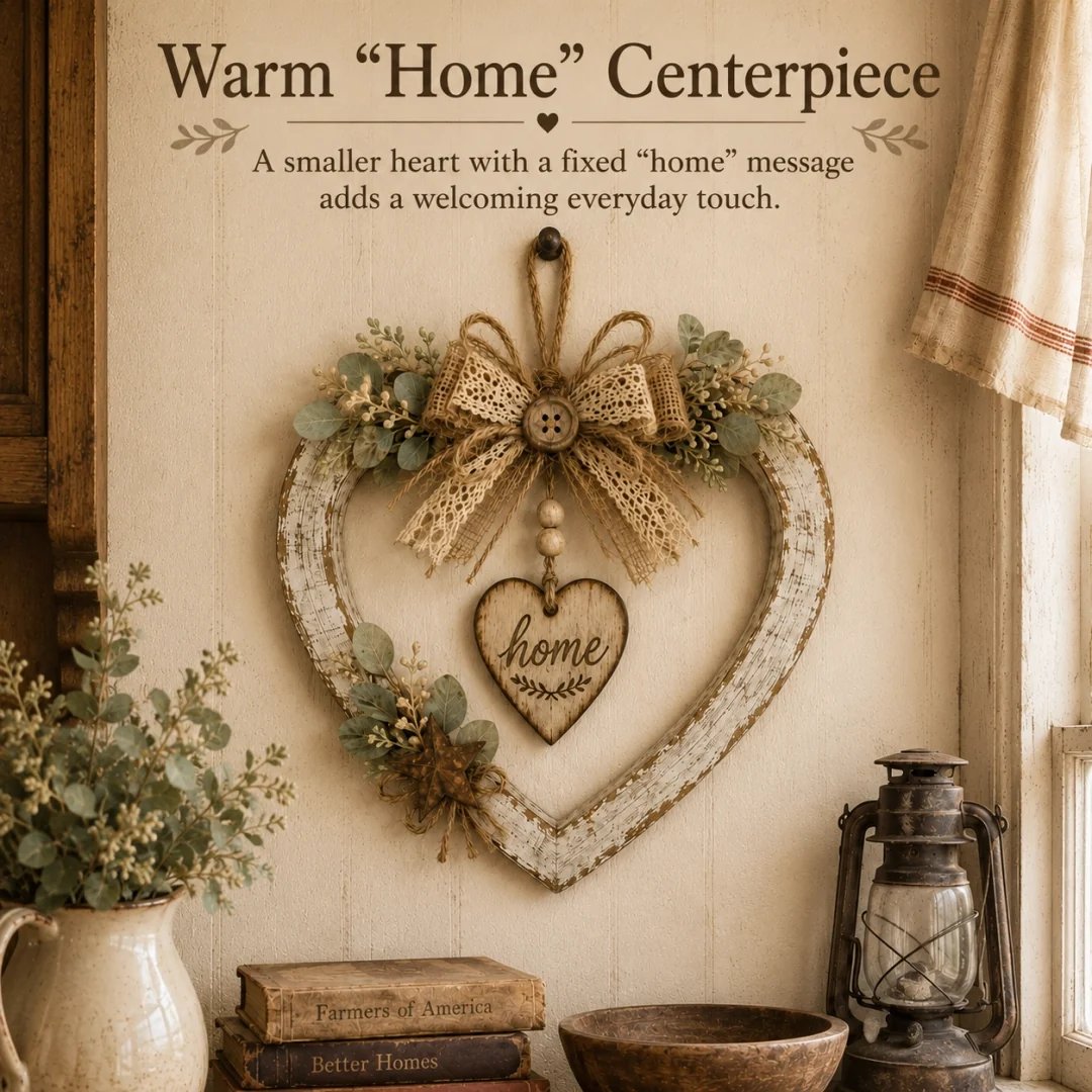 Warm home centerpiece heart wreath with home message detail