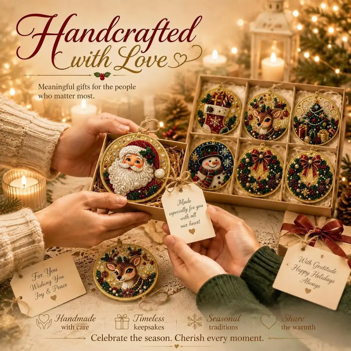 Christmas diamond painting ornaments packed as a handmade gift