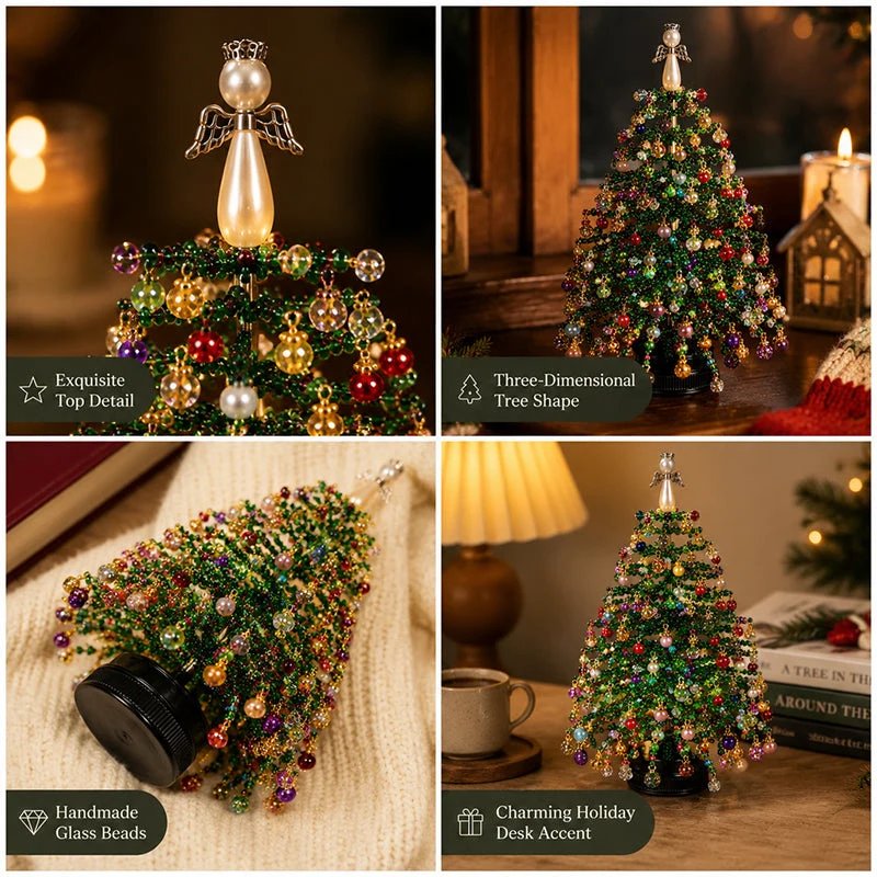 Detailed feature callouts of the beaded Christmas tree including expandable top detail