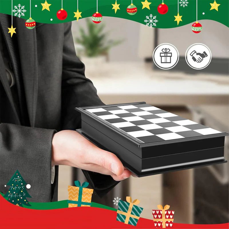 Magnetic chess set as Christmas gift with festive decorations