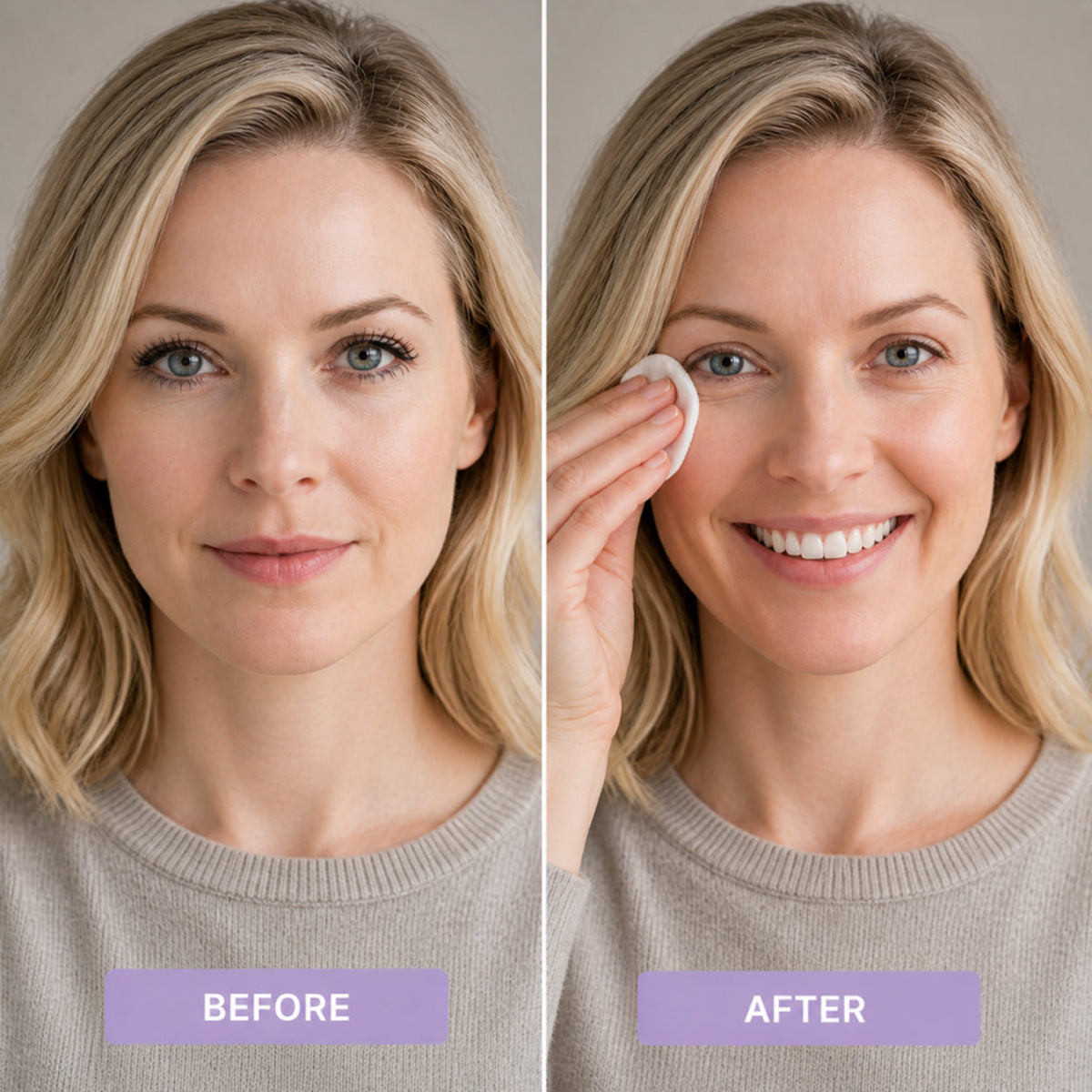 Before and after a complete eye makeup look