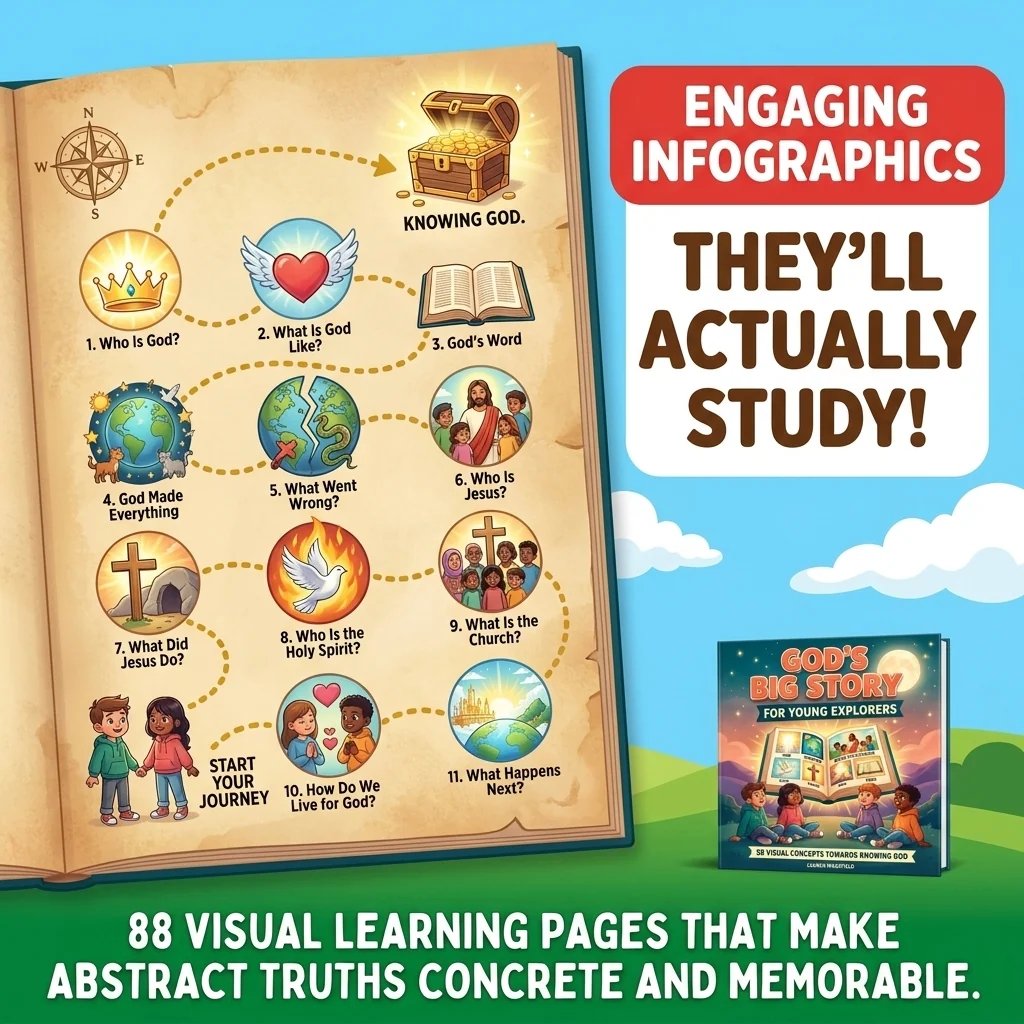 Children's theology book with illustrated concept maps and Bible learning visuals