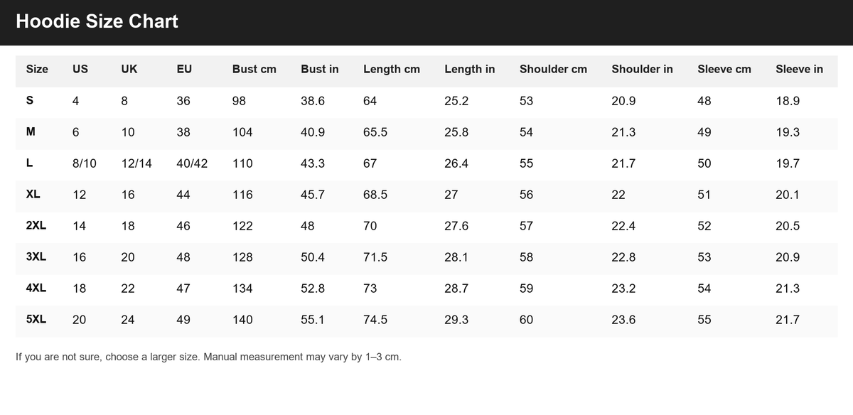 Hoodie Size Chart