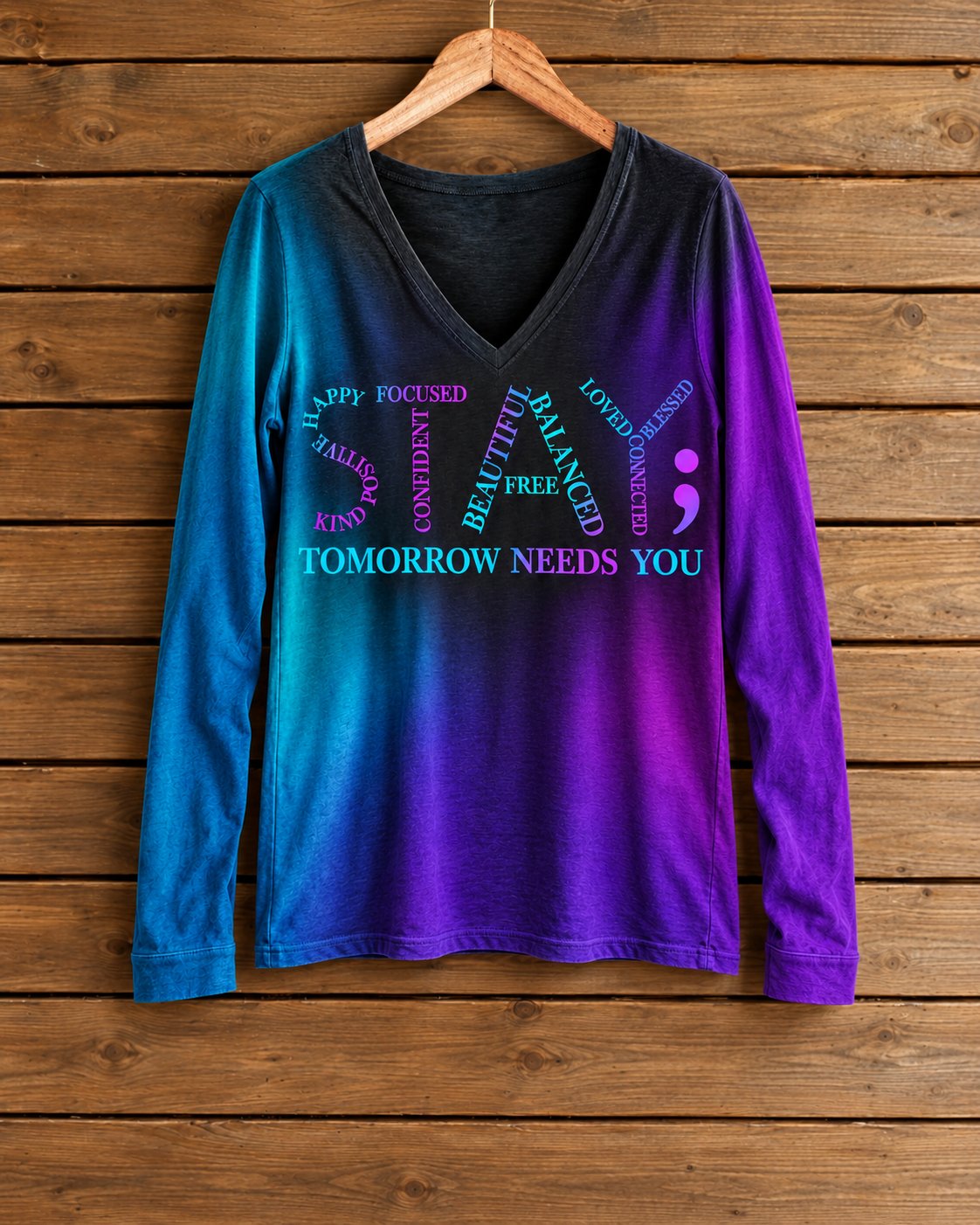 Women's V-neck long sleeve Tomorrow Needs You tee, teal to purple