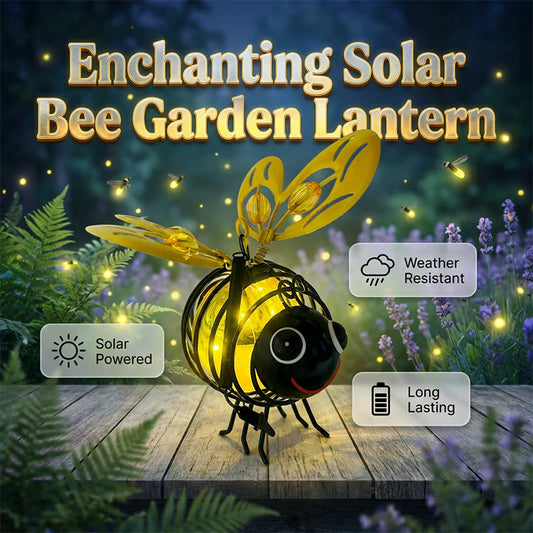 Solar bee garden lantern glowing white background
