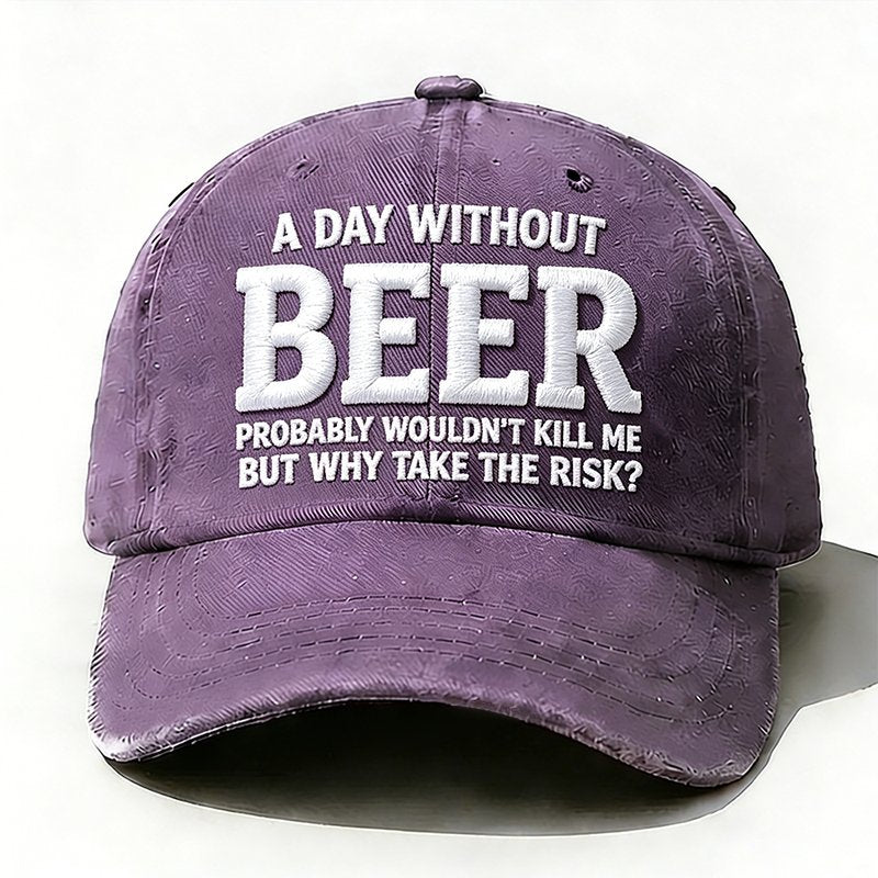 Purple embroidered Why Take the Risk beer hat with curved brim