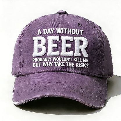 Purple embroidered Why Take the Risk beer hat with curved brim