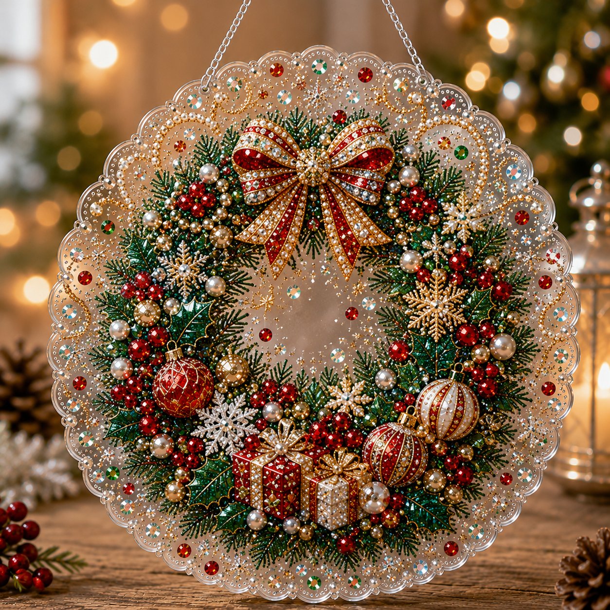 Holiday wreath pearl diamond art hanging ornament
