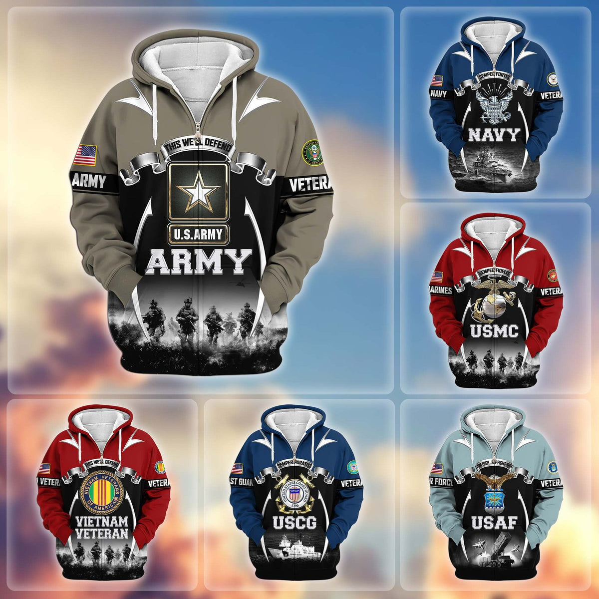 US Veteran Zip Up Hoodie with Military Pride Graphics