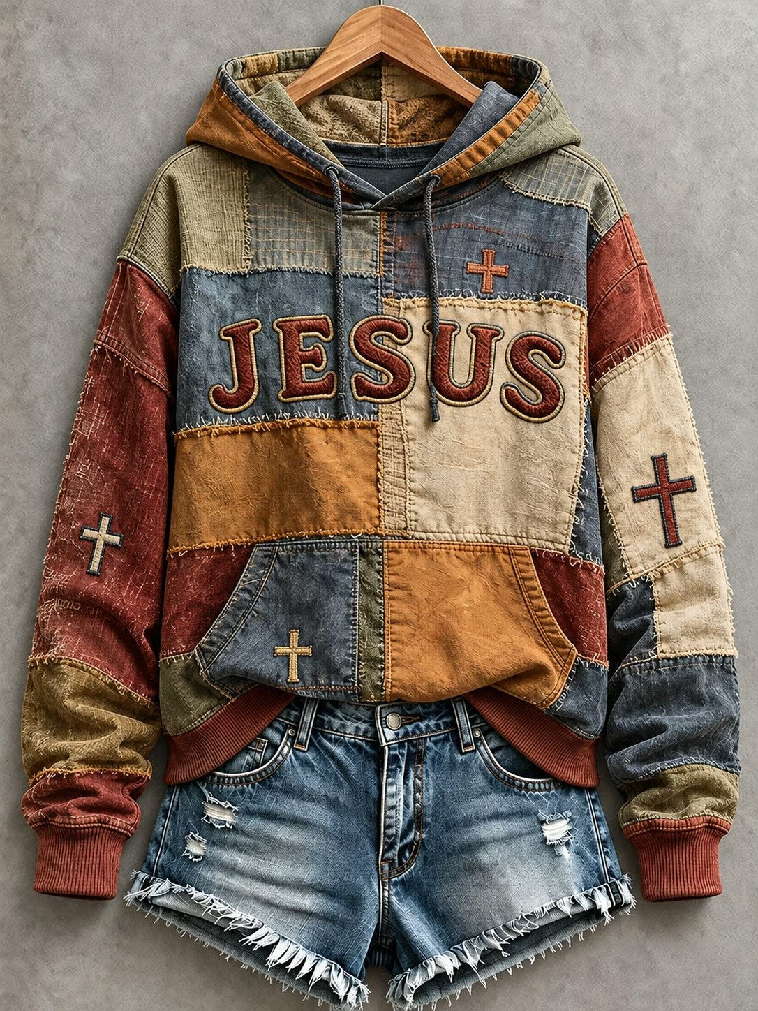 Women's JESUS cross print patchwork-look hoodie in Slate Blue / Rust / Mustard