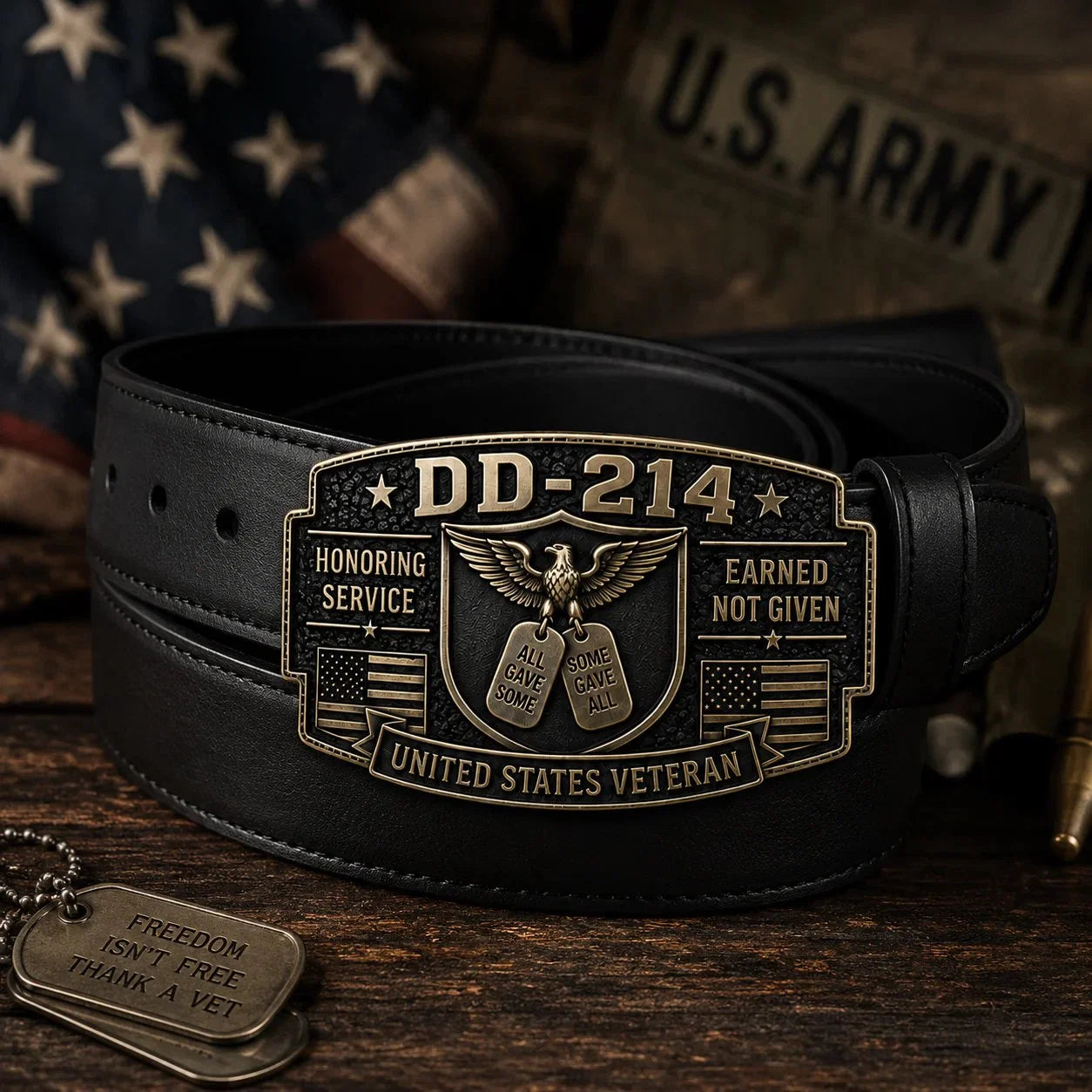DD-214 Veteran Honor Belt Buckle worn with American flag background