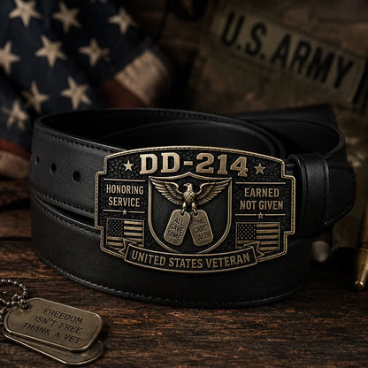DD-214 Veteran Honor Belt Buckle worn with American flag background