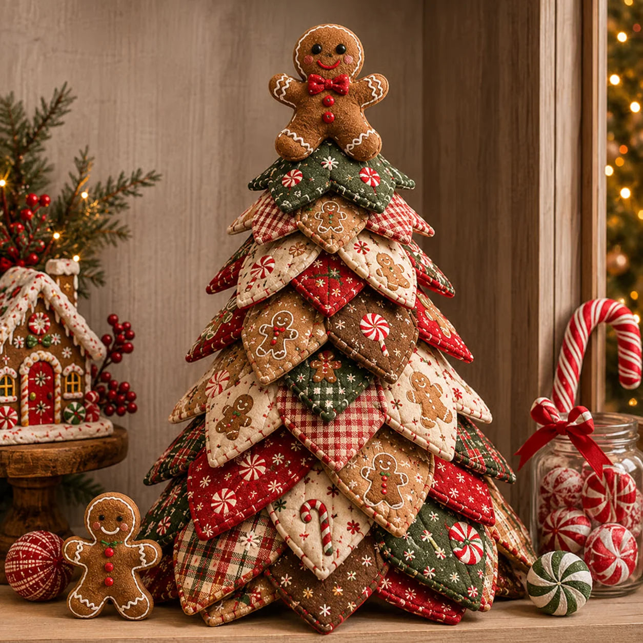 DIY quilted Christmas tree with gingerbread man topper on wooden table