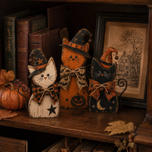 Vintage Halloween witch cat trio on rustic bookshelf