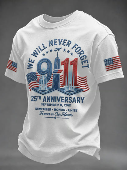 Men's 9/11 25th Anniversary Never Forget memorial T-shirt white front