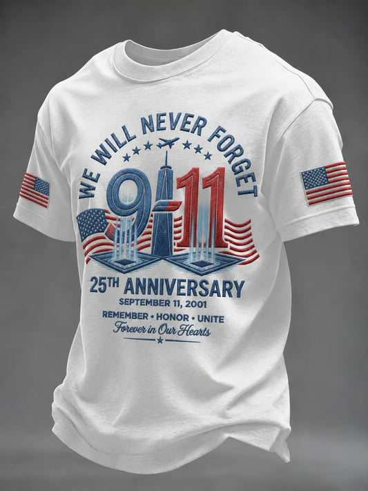 Men's 9/11 25th Anniversary Never Forget memorial T-shirt white front