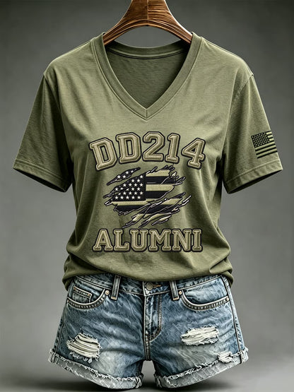 Olive green women's DD-214 Alumni veteran V-neck T-shirt with flag graphic