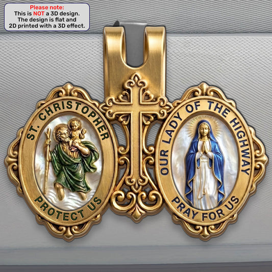 St. Christopher and Our Lady of the Highway Catholic car visor clip in gold tone