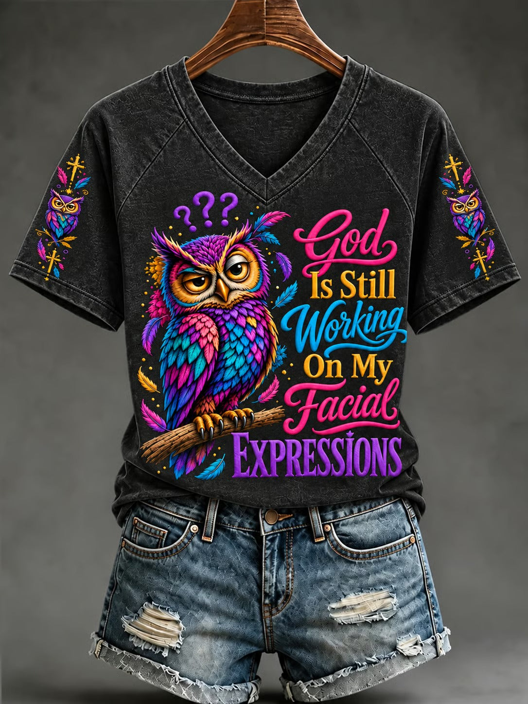 Women's charcoal Christian humor owl graphic V-neck T-shirt with colorful lettering and printed sleeve accents