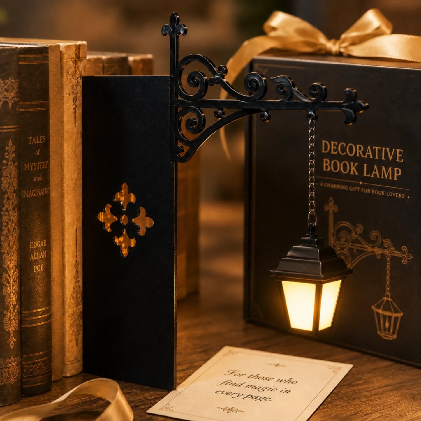Bookshelf lantern light with warm amber glow in gift box