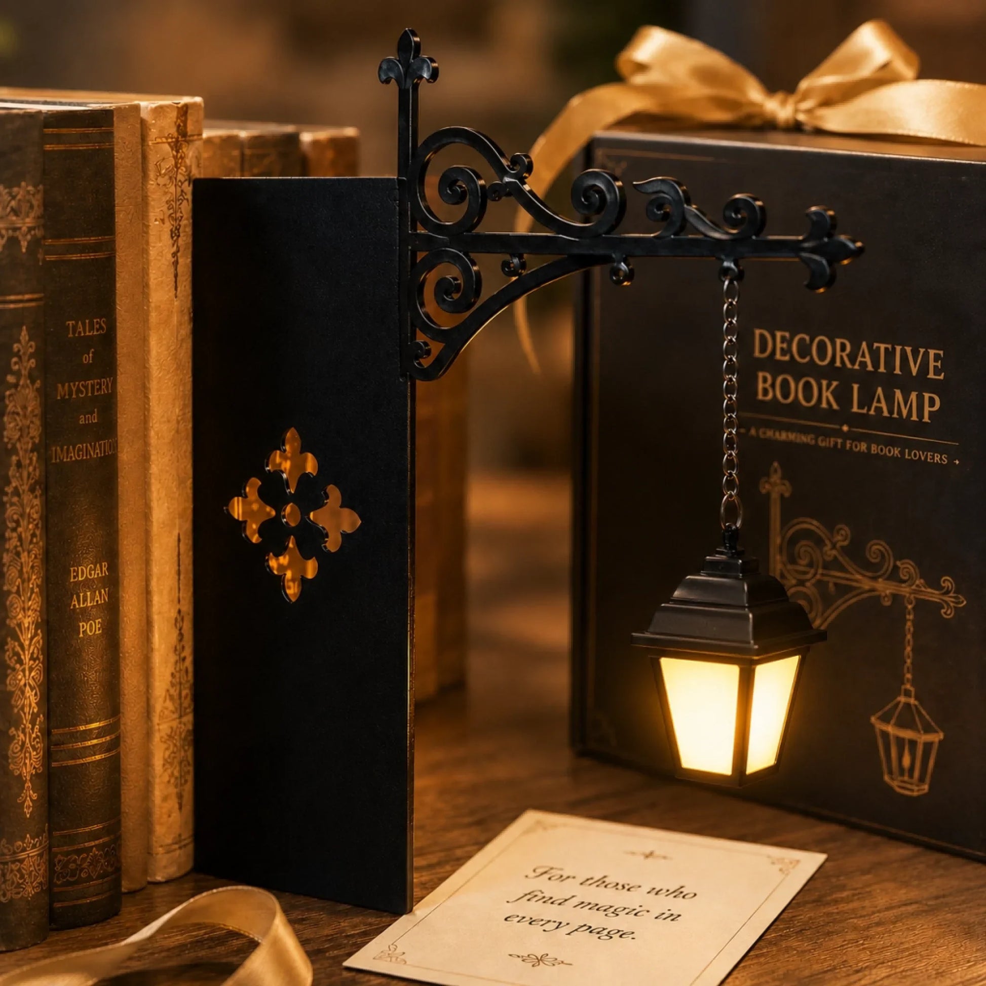 Bookshelf lantern light with warm amber glow in gift box