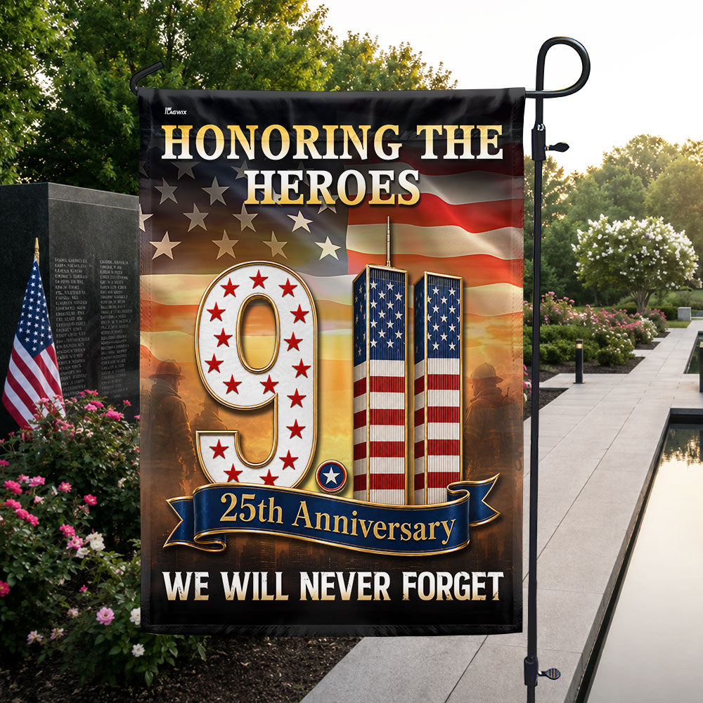 911 Patriot Day 25th Anniversary Garden Flag in front yard