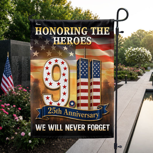 911 Patriot Day 25th Anniversary Garden Flag in front yard