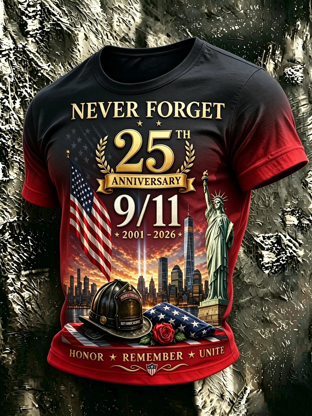Men's 9/11 Memorial 25th Anniversary T-Shirt Red Black Gradient front view
