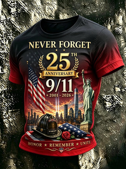Men's 9/11 Memorial 25th Anniversary T-Shirt Red Black Gradient front view