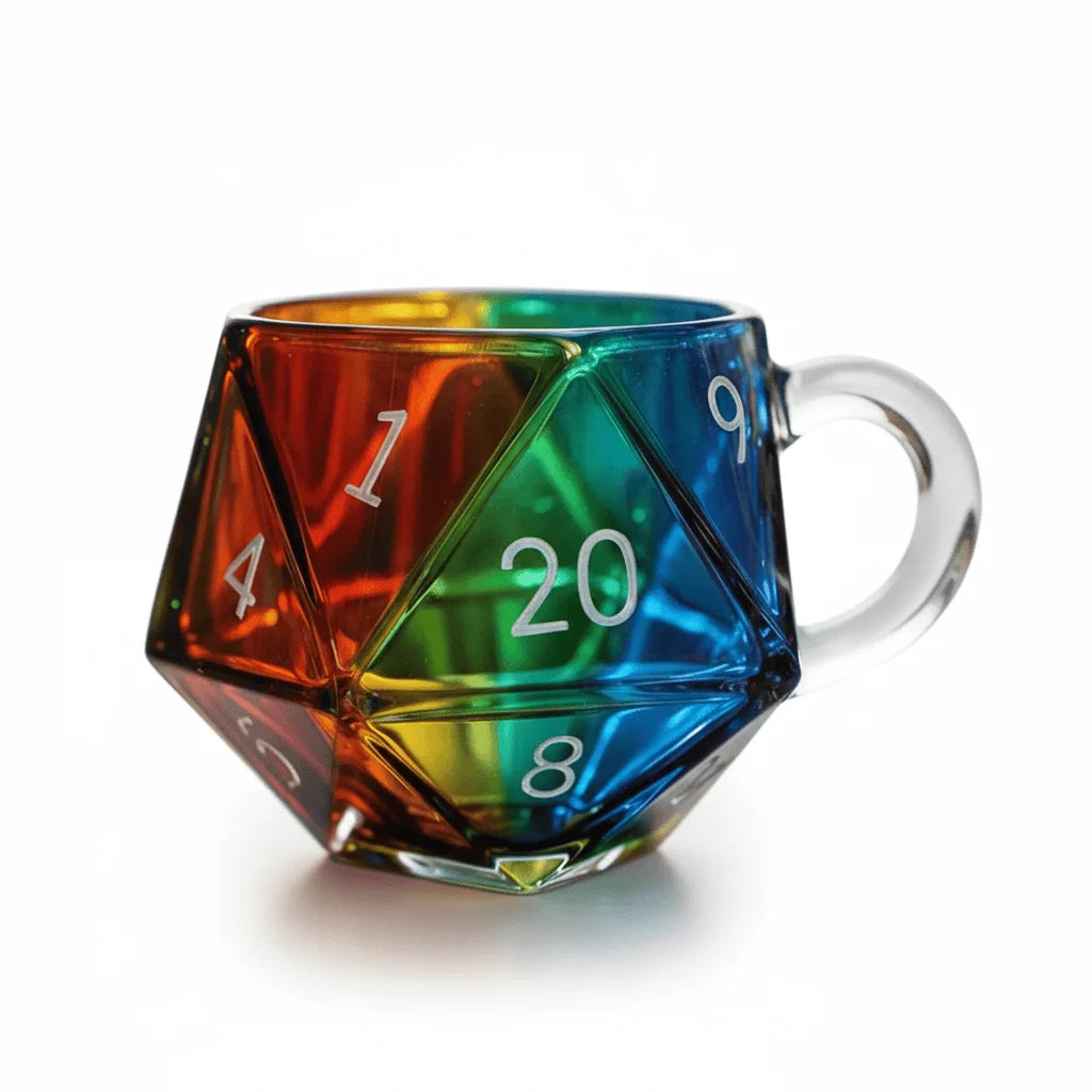 Rainbow gradient D20 dice glass mug with numbered facets and a clear handle