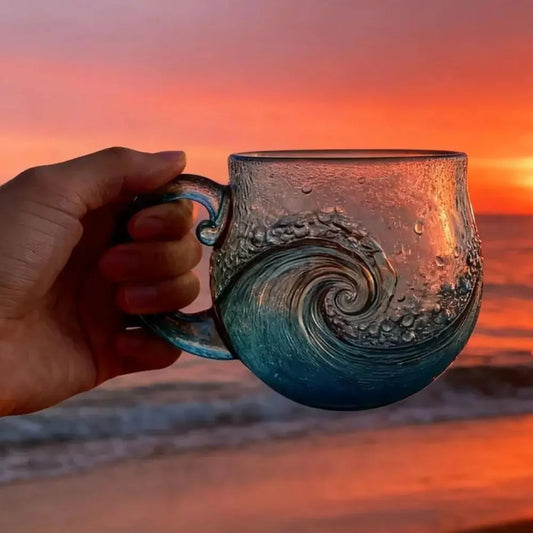 BlueWave ocean wave textured glass mug handmade coastal