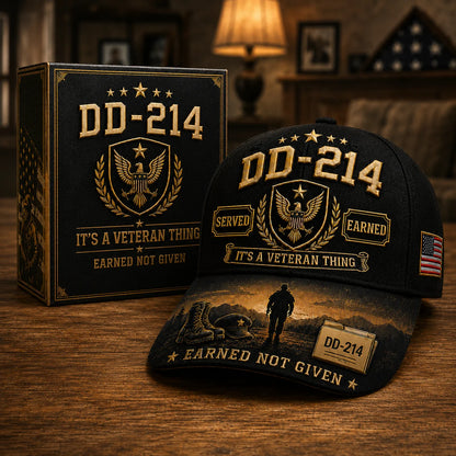 DD-214 Served Earned veteran cap in black with American flag patch and gold shield emblem