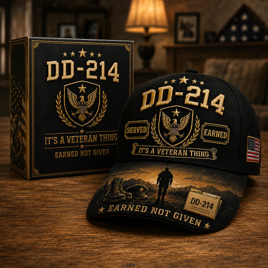DD-214 Served Earned veteran cap in black with American flag patch and gold shield emblem