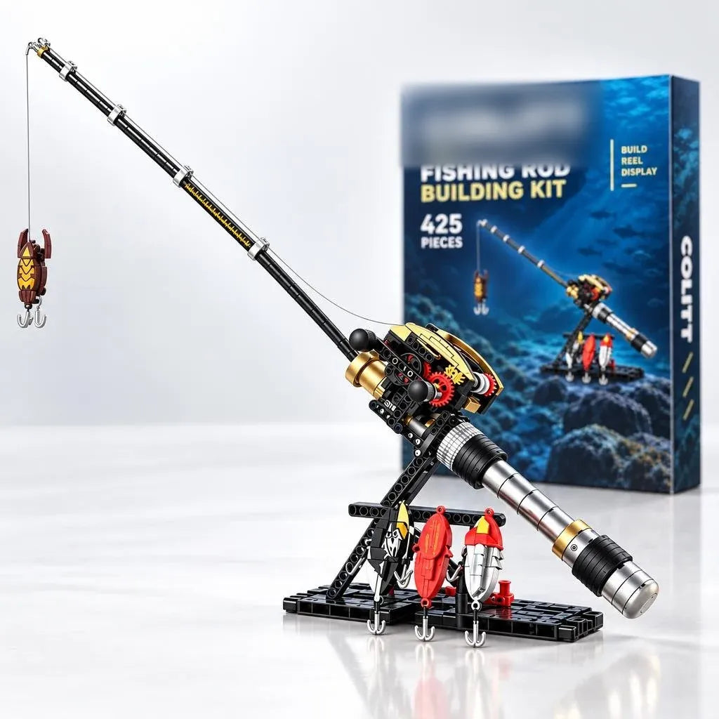 Fishing rod and mechanical reel building kit with display stand and miniature lures