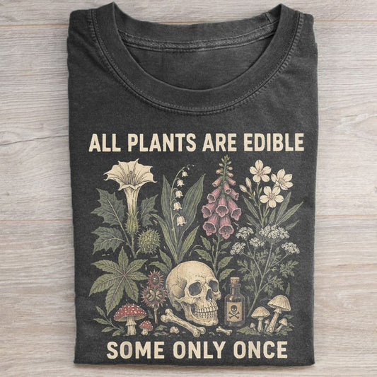 All Plants Are Edible botanical skull T-shirt vintage black with foxglove datura wildflowers