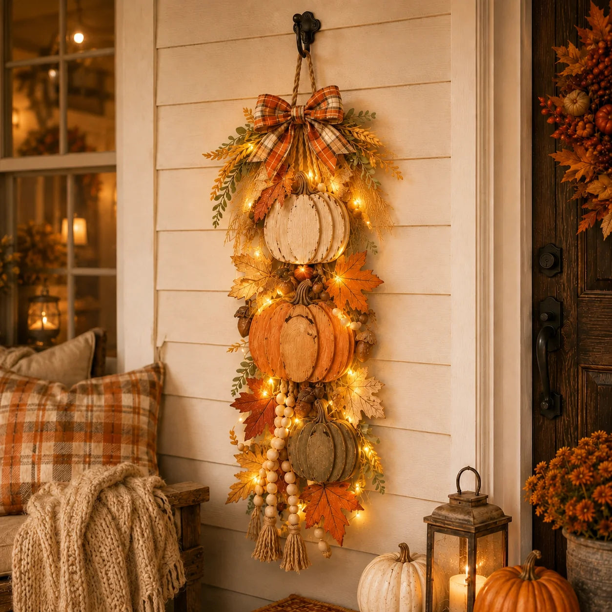 Wooden pumpkin door hanger glowing warm LED lights on evening front porch
