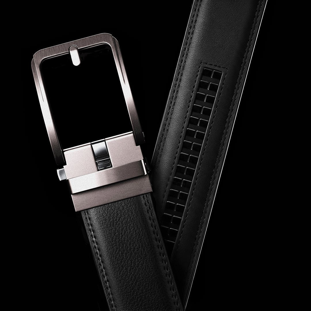 Black leather belt with a matte silver micro-adjust buckle