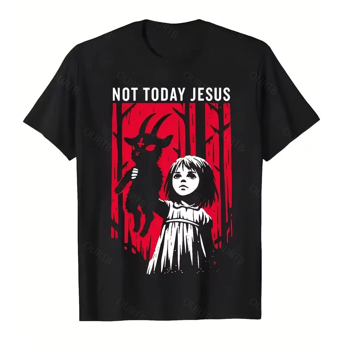 Black Not Today Jesus gothic goat graphic T-shirt with red woodland artwork