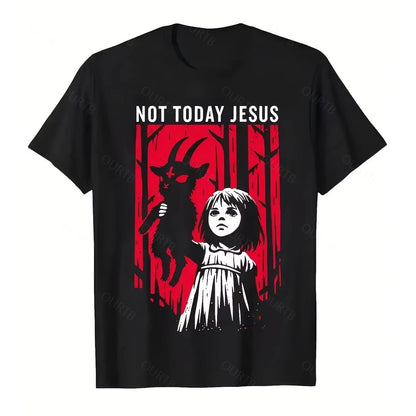 Black Not Today Jesus gothic goat graphic T-shirt with red woodland artwork