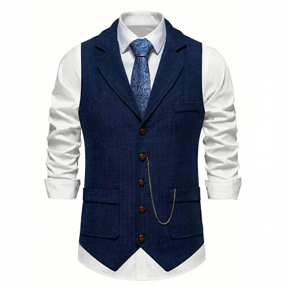 Men's Midnight Navy herringbone tweed waistcoat front view